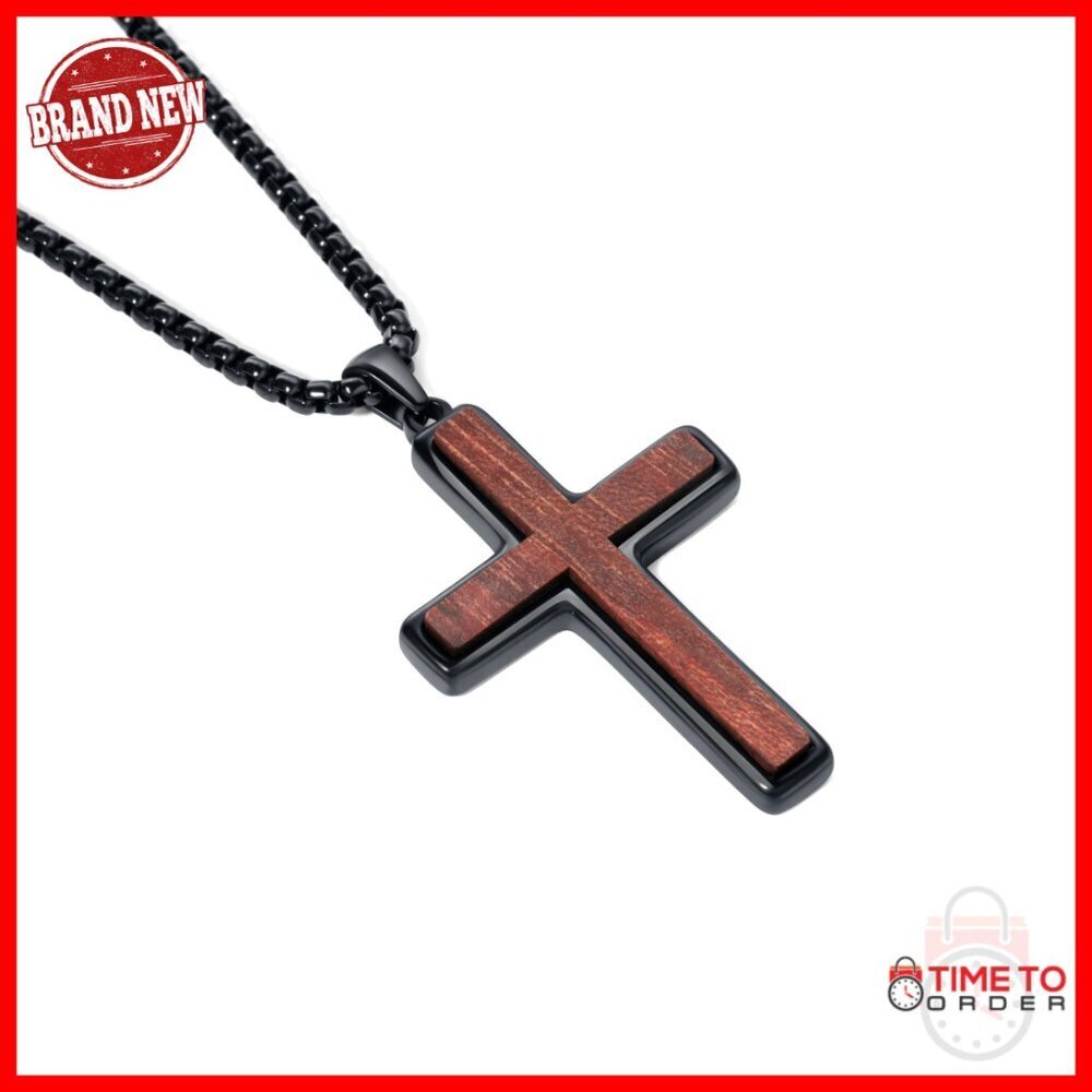 Men's Sandalwood Cross Necklace with Stainless Steel Pendant, 24 Inch Box Chain